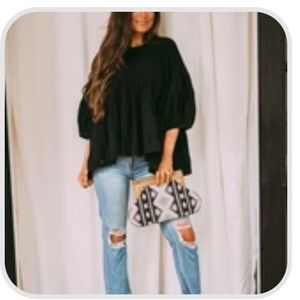 Linen Black tiered mid sleeve top